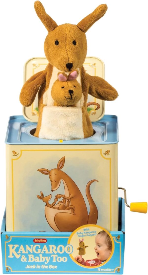 Schylling: Jack in Box - Kangaroo - Classic Pop-Up Music Toy. Momma & Baby Joey Finger Puppet. Plays Song Pop Goes The Weasel. Toddler & Kids 18mo+